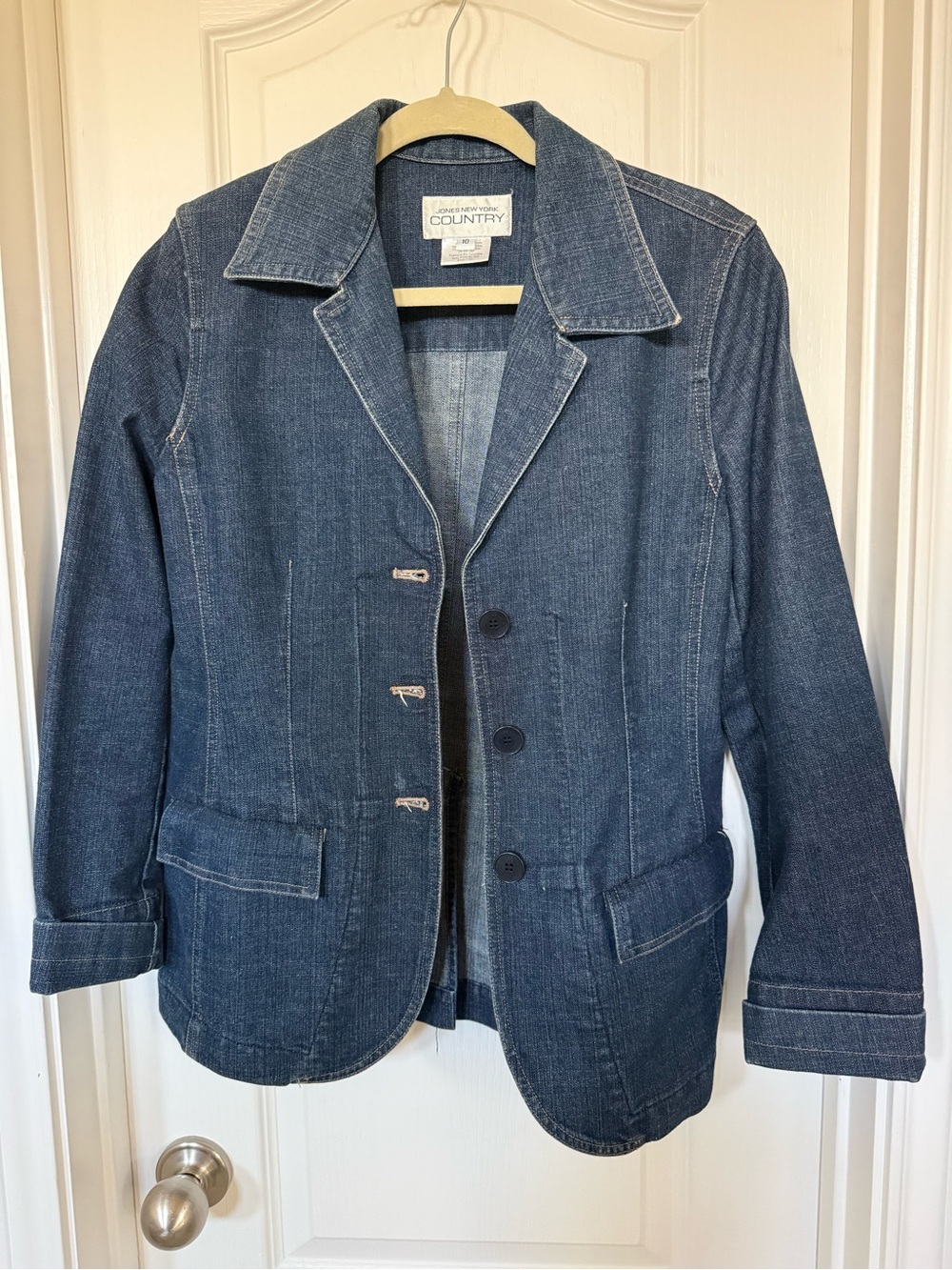 Jones New York Country Denim Blazer Size 10 Y2K Jean Jacket Dark Wash